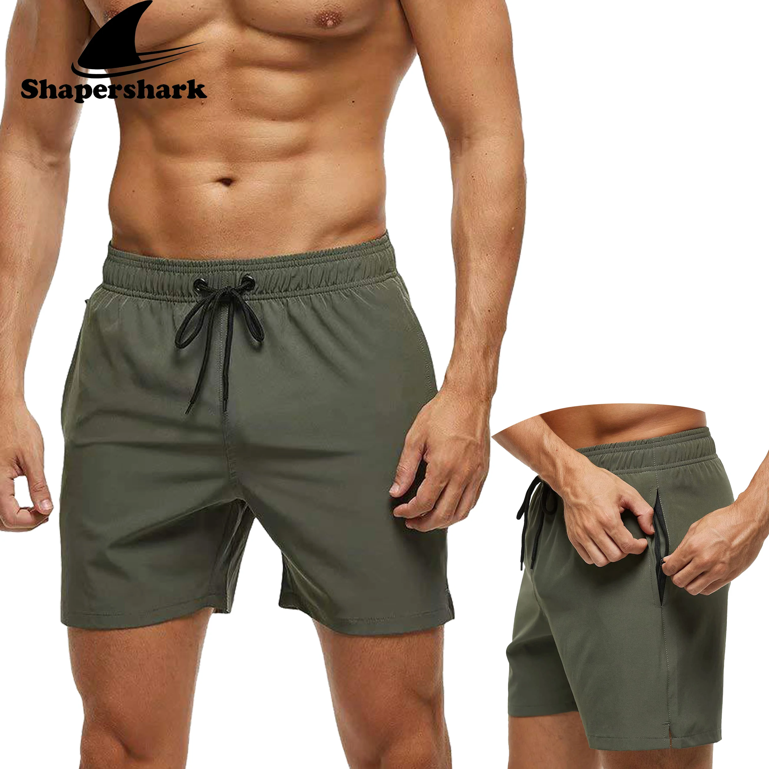 Men's Solid-Color Casual Beach Shorts: Quick-Dry, Zippered Pockets, Mesh Lining for Modesty, 5/8-Length, Drawstring Waistband