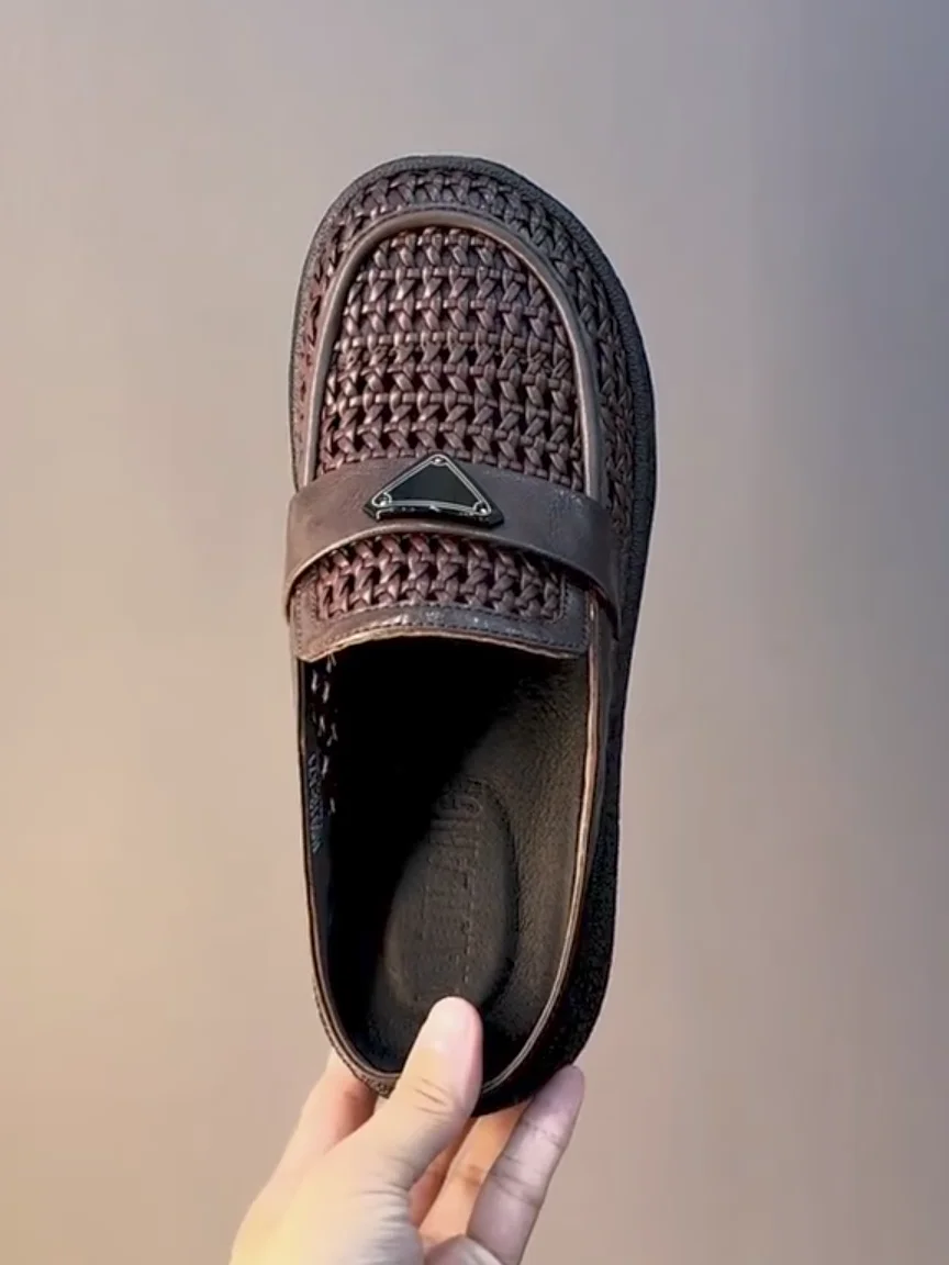

New Men's Pure Leather Woven Mesh Slippers Comfortable Slippers High Quality Casual Fashion High-End Sensation Summer Shoes