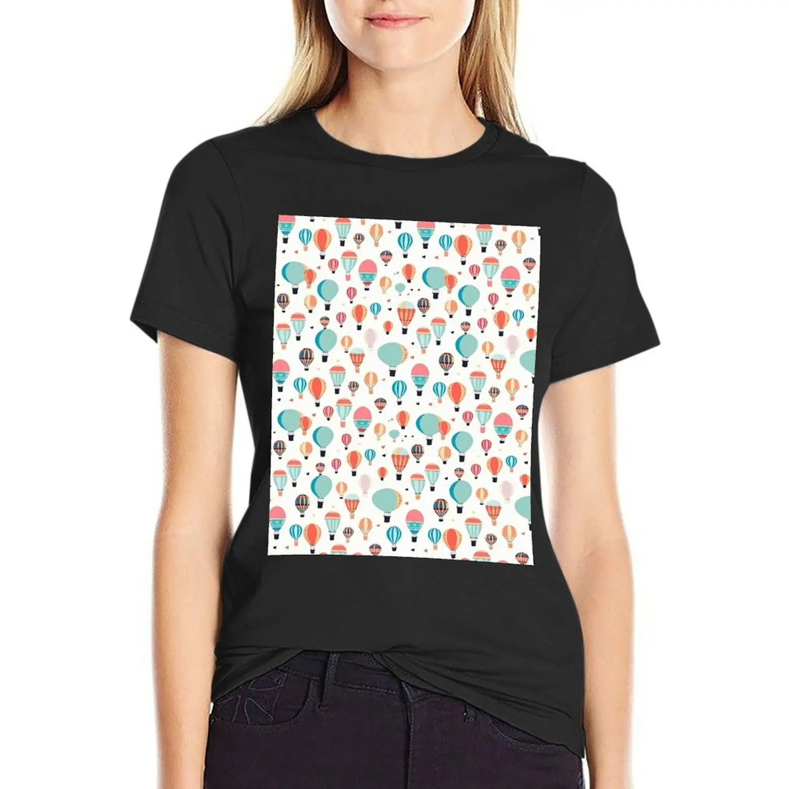 Hot Air Balloon Pattern Cute Colorful Vintage Retro T-Shirt blacks funny plain Blouse graphic t-shirts for Women