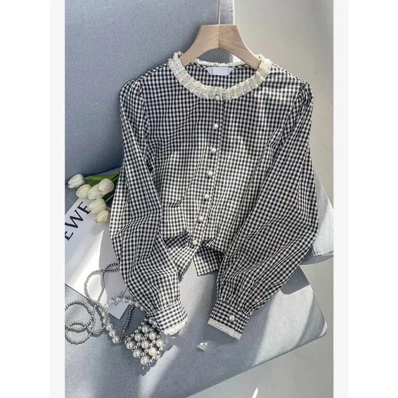 Cárdigan de Color liso para mujer, camisa a cuadros de encaje con volantes y botones, Tops de manga abullonada con cuello redondo a la moda,