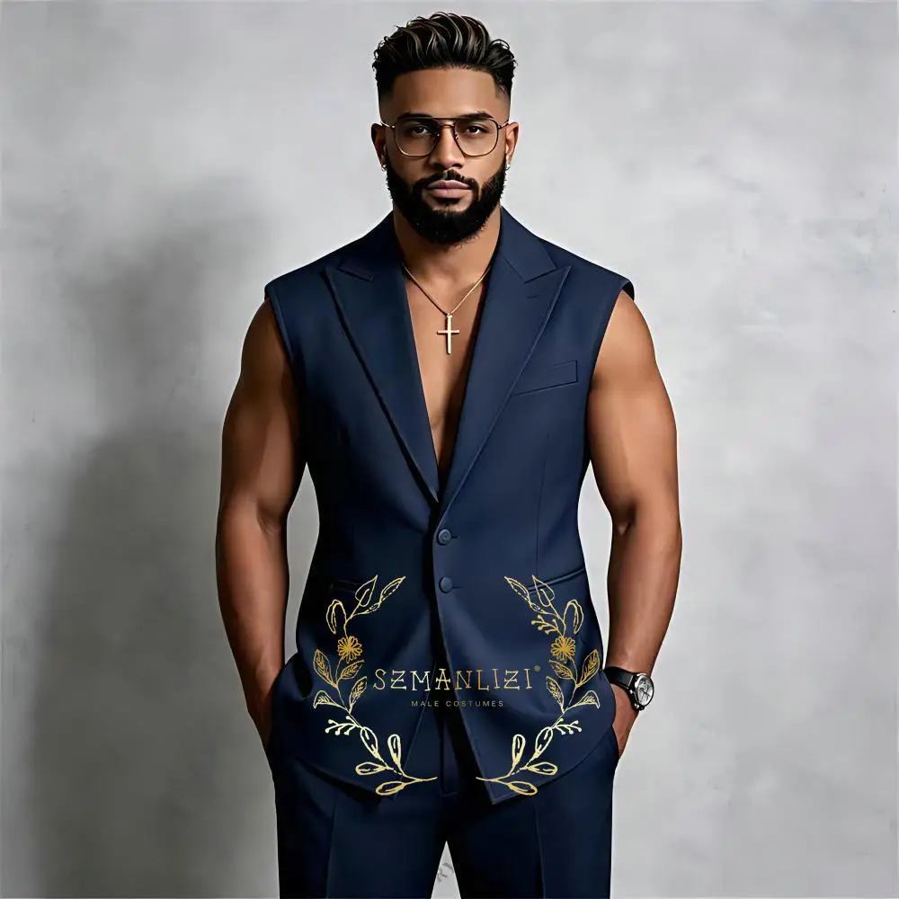 

Темно-синий приталенный мужской свадебный костюм-двойка (смокинг) без рукавов: пиджак и брюки для выпускного вечера, вечеринки, для жениха или шафера