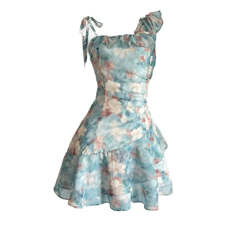 ملابس سباحة كورية مثيرة مطبوعة بالزهور الخضراء قطعة واحدة مكشكشة غير منتظمة بدون ظهر فستان قصير كولوتيس بيكيني ملابس سباحة مبطنة