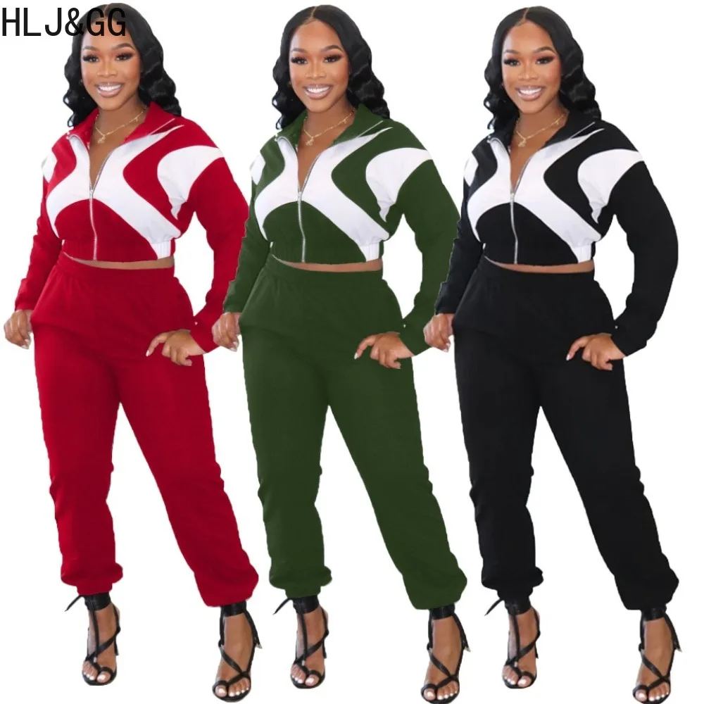 

HLJ&GG Casual Color Splicing Sporty Two Piece Sets Women Zip Long Sleeve Crop Top And Jogger Pants Tracksuits Female 2pcs Outfit