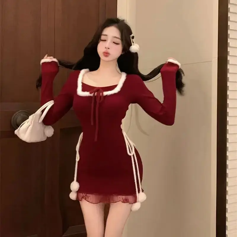 Plush Stitching Dress Female Christmas Atmosphere  Autumn Winter  New Design Thin Slim Long Sleeves Hip Skirts