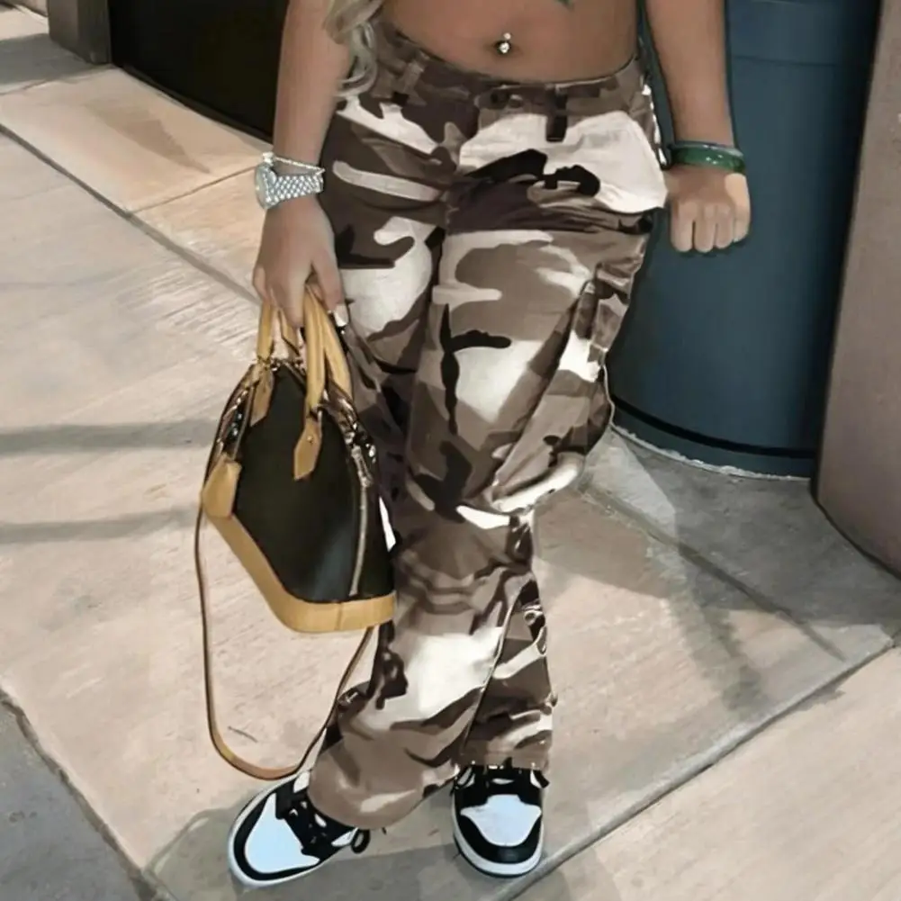 Pantalones de cintura alta para mujer, pantalones Cargo con estampado de camuflaje y pierna ancha de cintura alta, ropa de calle informal