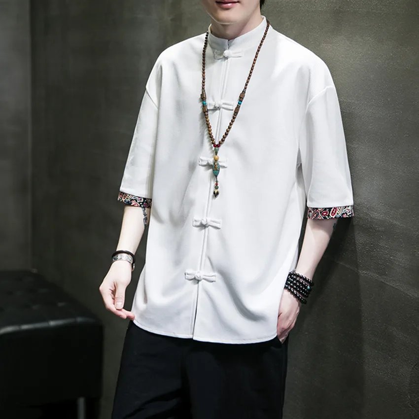 

Chinese Sle Men's ort Sve T-irt Button up f Sve Summer Faion Retro National Cool Feeling Loose Fit Top