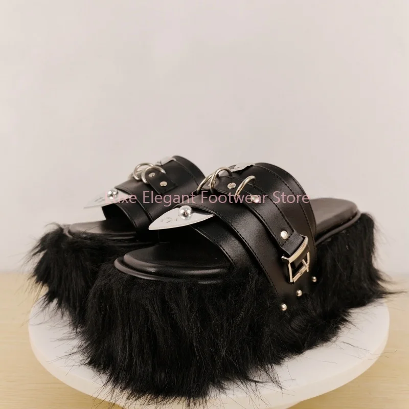 Black Furry Platform Belt Buckle Peep Toe Slippers Women Helght Increasing Leather Slip On Slippers Punk Gothic Party Sandals view 3