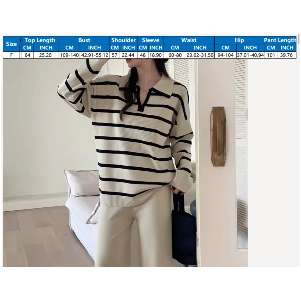 New In Elegant Womens 2 Piece Outfit Set Casual Stripe Sweater Matching Sets Korean Long Sleeve Tops Pants Knitwear Pullovers