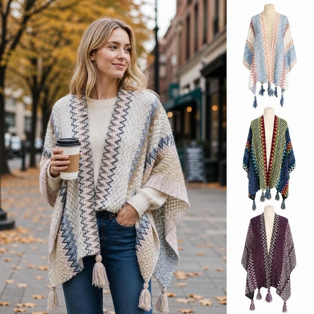 Striped Pattern Knit Poncho Cape Ethnic Print Long Tassel Tassel Knit Shawl Open Front Oversized Ethnic Knitted Shawl