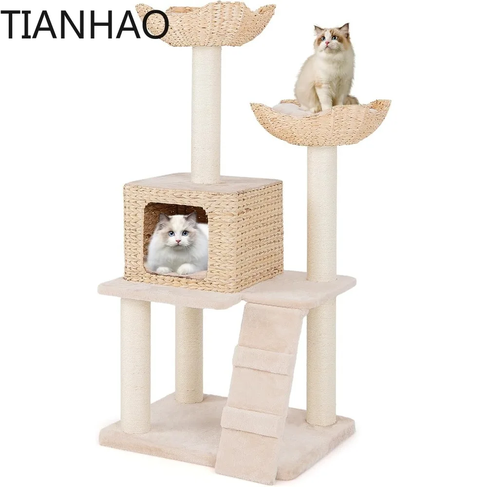 48 inch Cattail Cat Tree, Multi-Level Cat Tower with Sisal Scratching Posts, Cat Condo, Basket Beds, Climbing Ladder
