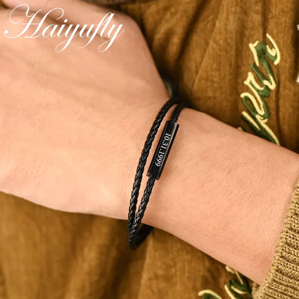 

Haiyufly браслет с гравировкой имени для мужчин, ювелирные изделия из нержавеющей стали, штабелируемая кожаная веревочная цепочка на заказ, индивидуальный подарок для пары