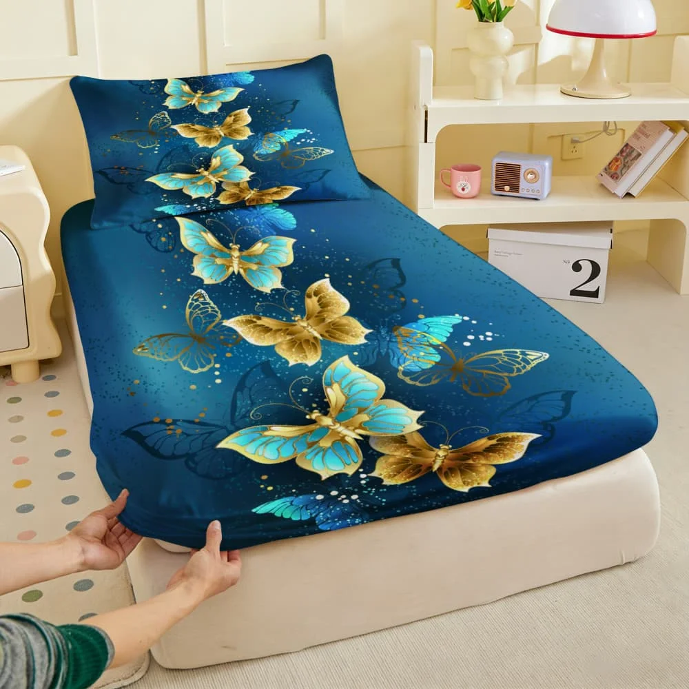 1pc Gold & Turquoise Butterfly Print Fitted Sheet Deep Pocket Elastic Mattress Cover Single Double Queen King Bedroom Decor