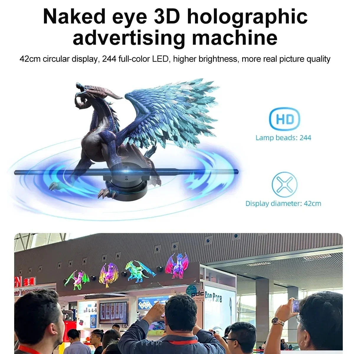 

42cm 3D Holographic Fan Wifi Remote Custom ICONS DIY Video LOGO LED Neon Lights Rotating Display AD 3D Holographic Projector