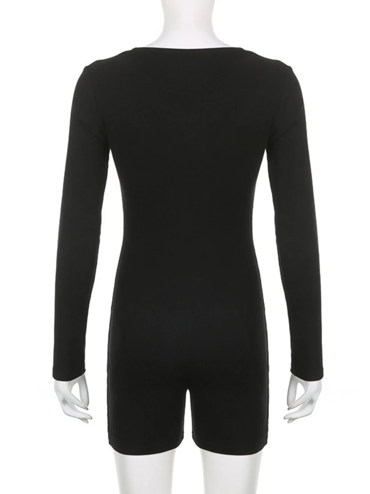 SsTss 여성 캐주얼 점프수트 솔리드 컬러 긴팔 바디수트 스퀘어 넥 슬림 스트레치 롬퍼 반바지 트렌디 Y2K 의상