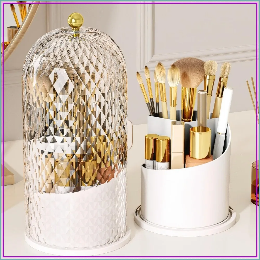 

360 Rotating Makeup Brush Holder with Lid, Dustproof Waterproof Storage Box for Vanity, White