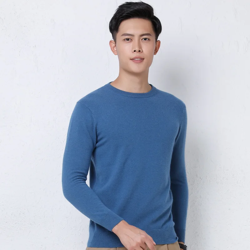 Autumn Winter Round Neck Solid 100 Wool Men\'s New Medium Thick Slim Fit Versatile Knitted Long Sleeve Sweaters Fashion Underlap