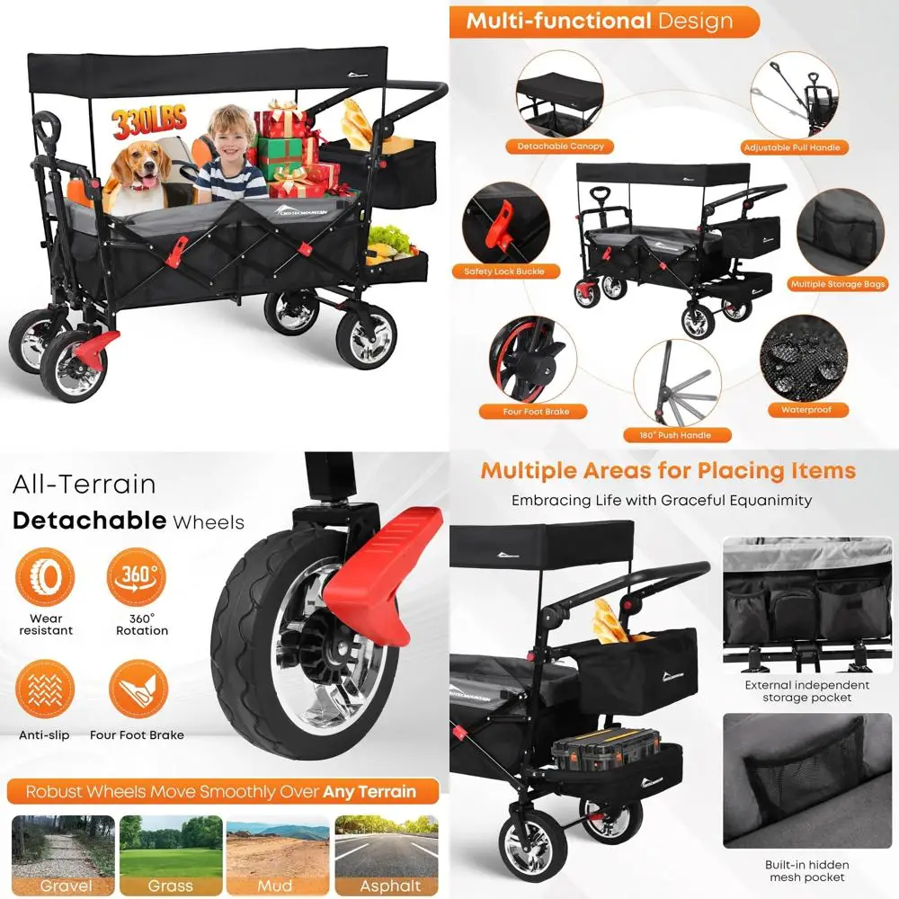 

Portable Folding Wagon with Detachable Canopy, Sturdy Outdoor Garden Cart, Adjustable Heavy-Duty Utility Wagon with Wheels