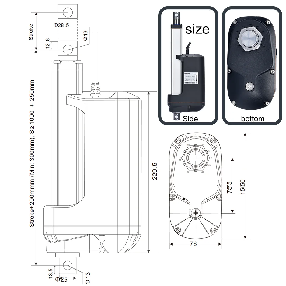 Attuatore lineare elettrico DC 24V 12000N Push 1200kg 600mm 700mm 800mm Corsa Azionamento motore Tubo in acciaio inossidabile Forte camion Jack