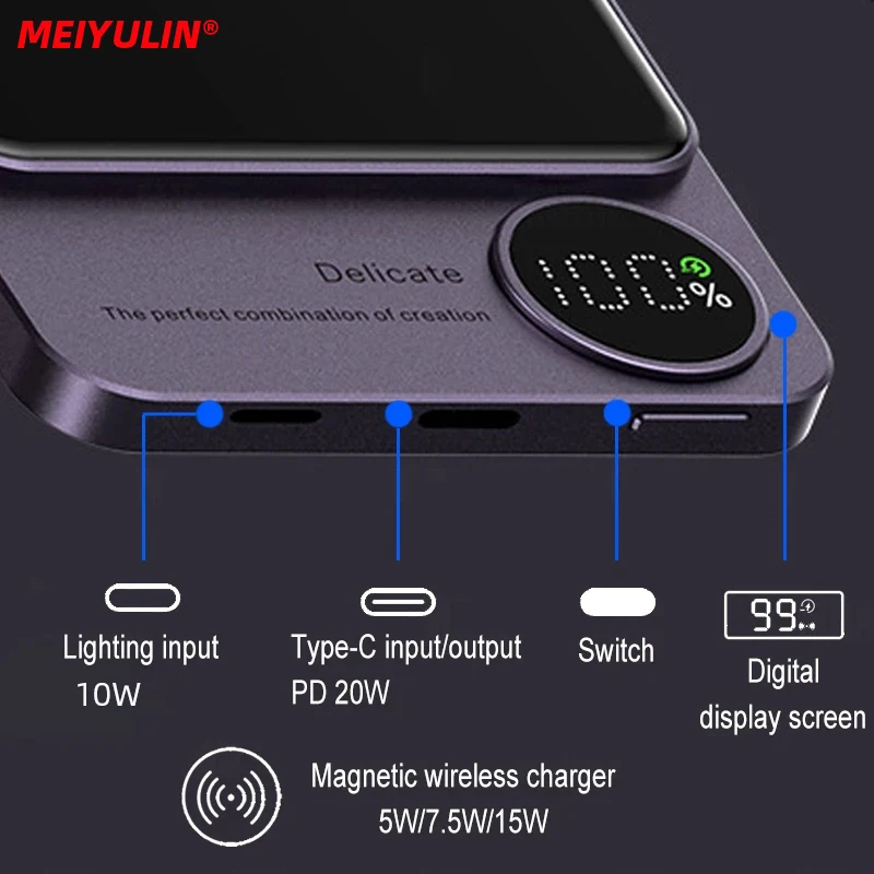 Imagem -02 - Banco de Energia Magnética sem Fio Ultra-fino Carregador Rápido Bateria Externa Móvel para Iphone 15 Samsung Usb c pd 20w 5000mah 10000mah