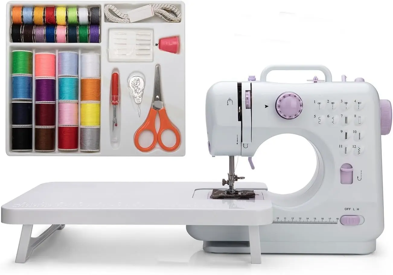 

Mini Electric Overlock Sewing Machine with Extension Table, 2 Speed, 12 Stitch Patterns - Compact & Versatile