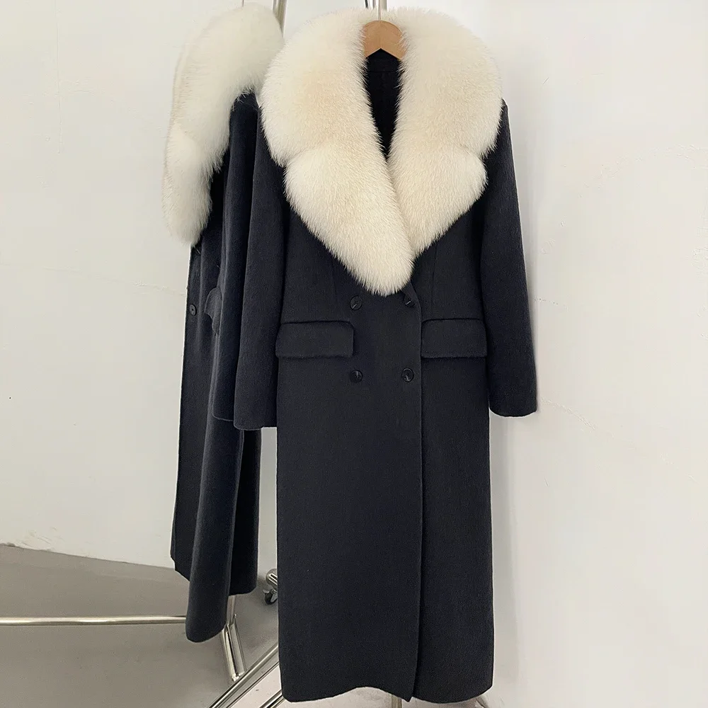 OFTBUY Luxuriöser Doppelreihiger Langer Wollmantel für Damen mit Echtem Fuchspelzkragen, Winter-Wärmejacke, Schlanke Wollkleidung mit Echtpelz – Detail 21