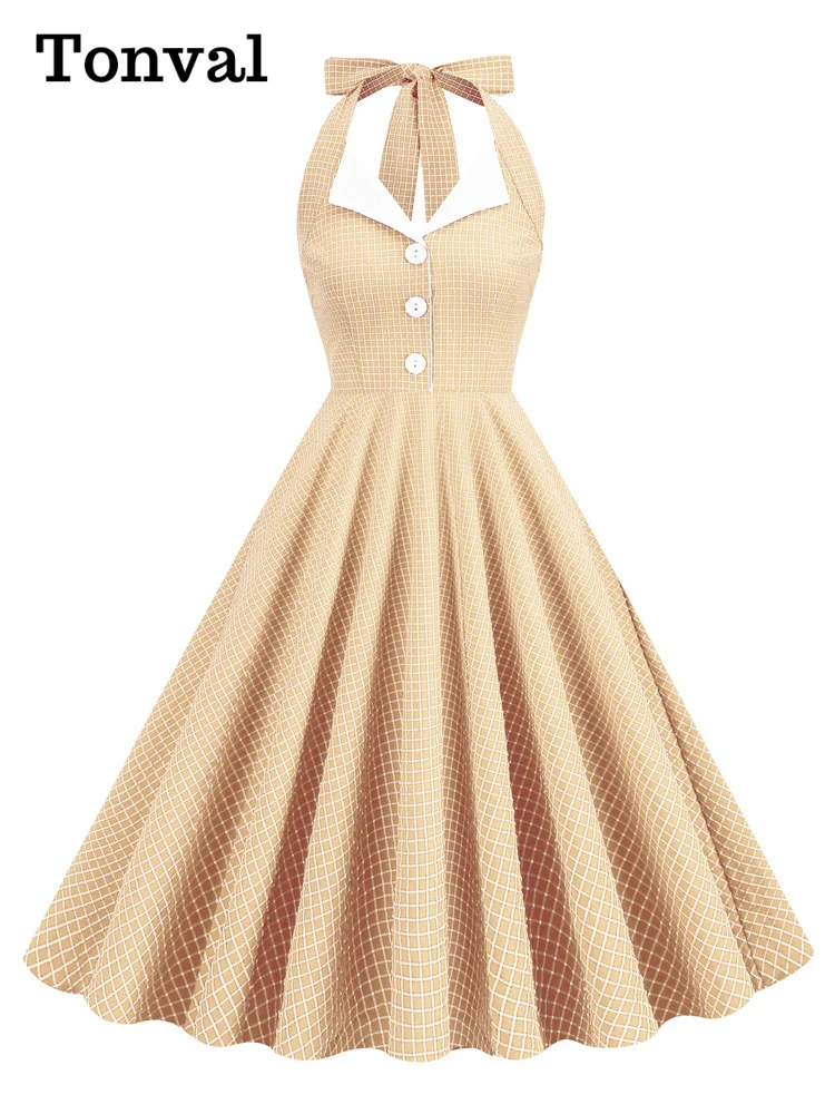 Tonval Button Up Plaid Vintage Fit and Flare Dress Summer Women Pinup Robe Halter Backless Evening Party Pockets Dresses