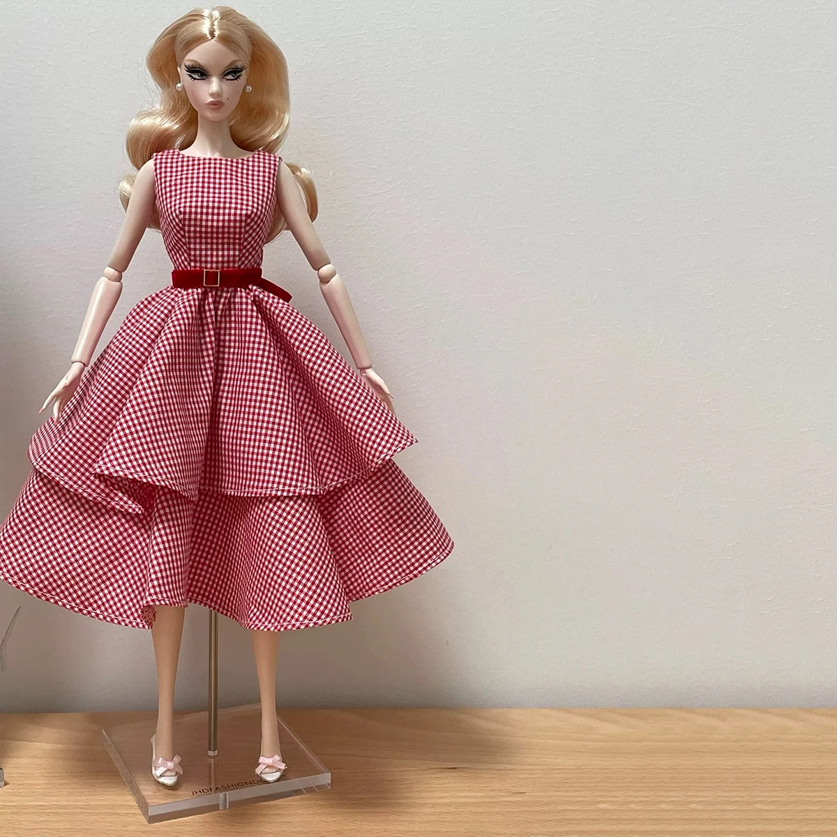 

Французское элегантное красное платье в клетку, уникальный дизайн, вечерние платья для куклы-супермодели 1/6 FR, одежда для куклы 30 см, аксессуары