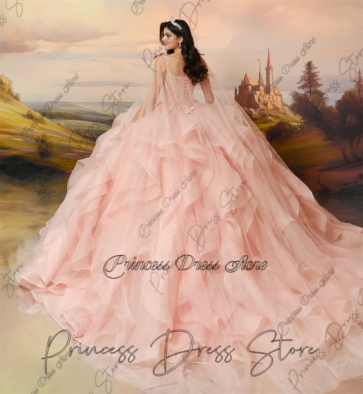 Princesse Quinceanera robes à volants à plusieurs niveaux perles cristaux 16th fête d'anniversaire robe de bal à lacets Style robe de bal personnalisé