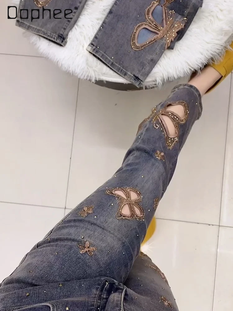 

Blue Rhinestone Hollow Embroidery Straight Jeans for Women Autumn New Large Size High Waist Slimming Cropped Jeans Unique Jeans