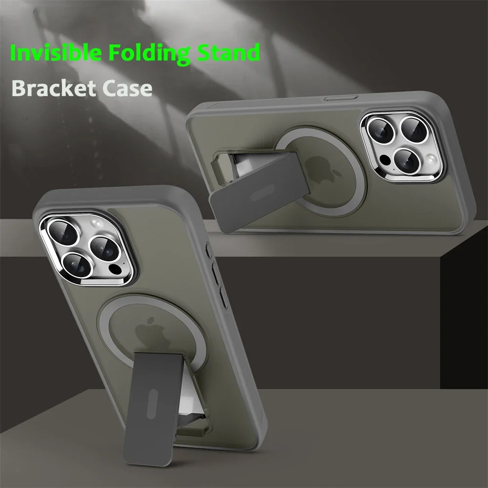 Luxury For Magsafe Folding Stand Magnetic Phone Case For iPhone 16 15 14 Plus 13 12 11 Pro Max Matte Translucent Back Cover Caps