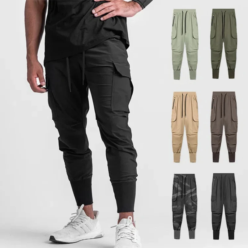 Spring and Autumn Men's Casual Pants Youth Multi Bag Quick Drying Ice Silk Pants Men's Thread Small Feet Sports Long Pants