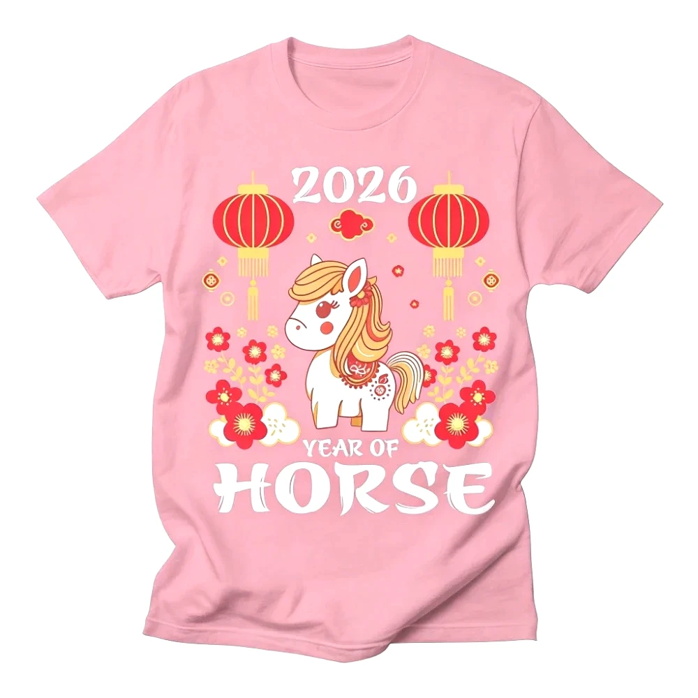 2026 Anno del Cavallo Maglietta Capodanno Lunare Camicia Capodanno Cinese T-Shirt Carino Zodiaco Cavallo Cartone Animato Stampato Tee Donne Magliette E Camicette