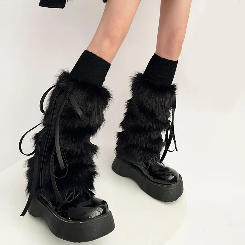 90s Japanese White Faux Fur Leg Warmers Boot Covers Y2K Goth Solid Leg Socks Punk JK Knee-length Hiphop Emo Girls Warm Bow Sock