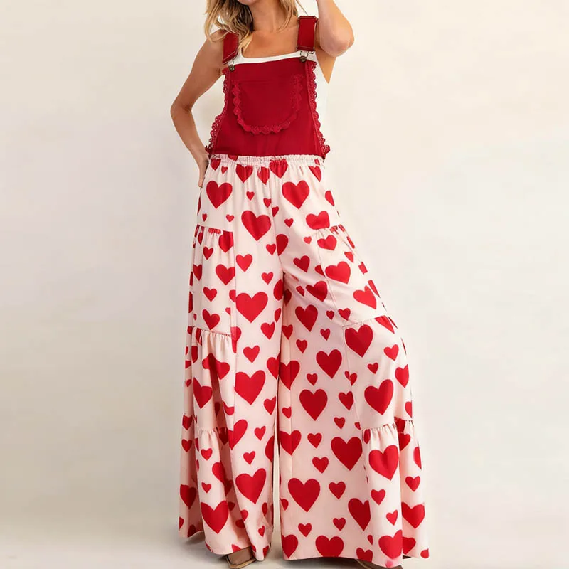 المرأة عيد الحب المرايل وزرة الحلو لطيف القلب المطبوعة أكمام الأشرطة قابل للتعديل واسعة الساق السراويل بذلة فضفاضة