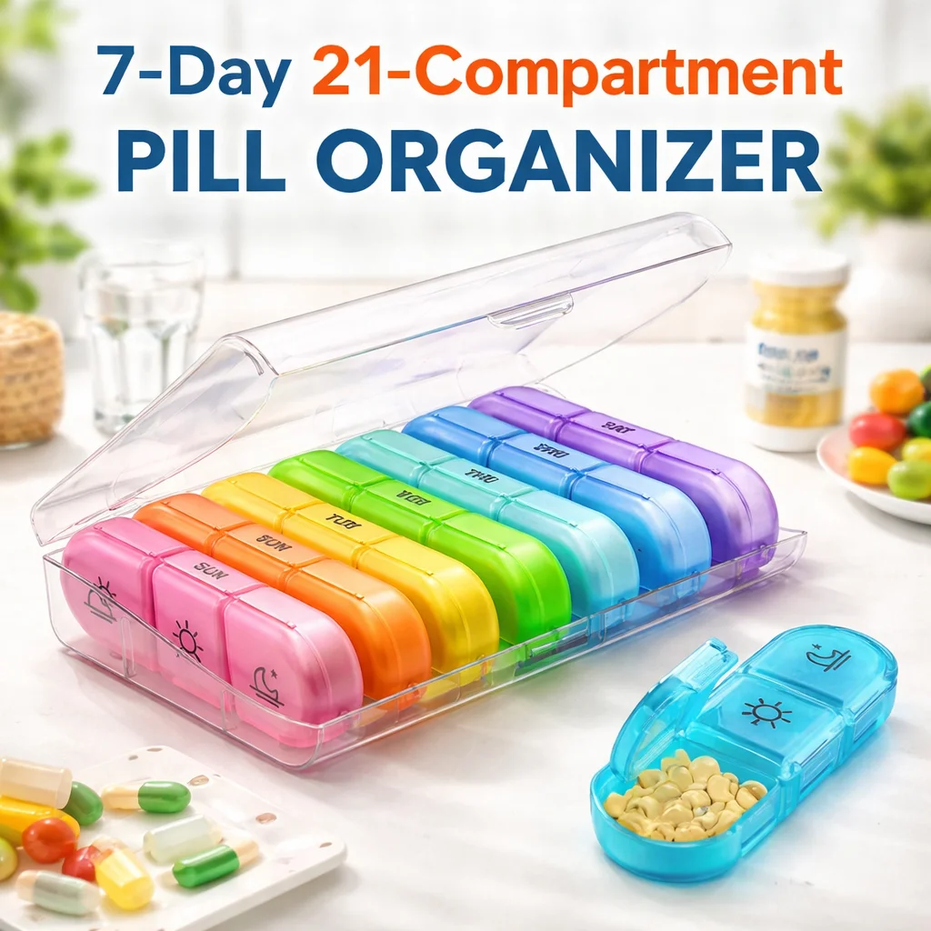 Weekly Pill Cases Box Organizer 7Days 21Grids 3Times Portable Travel with Large Compartments for Vitamins Medicine Fish Oils