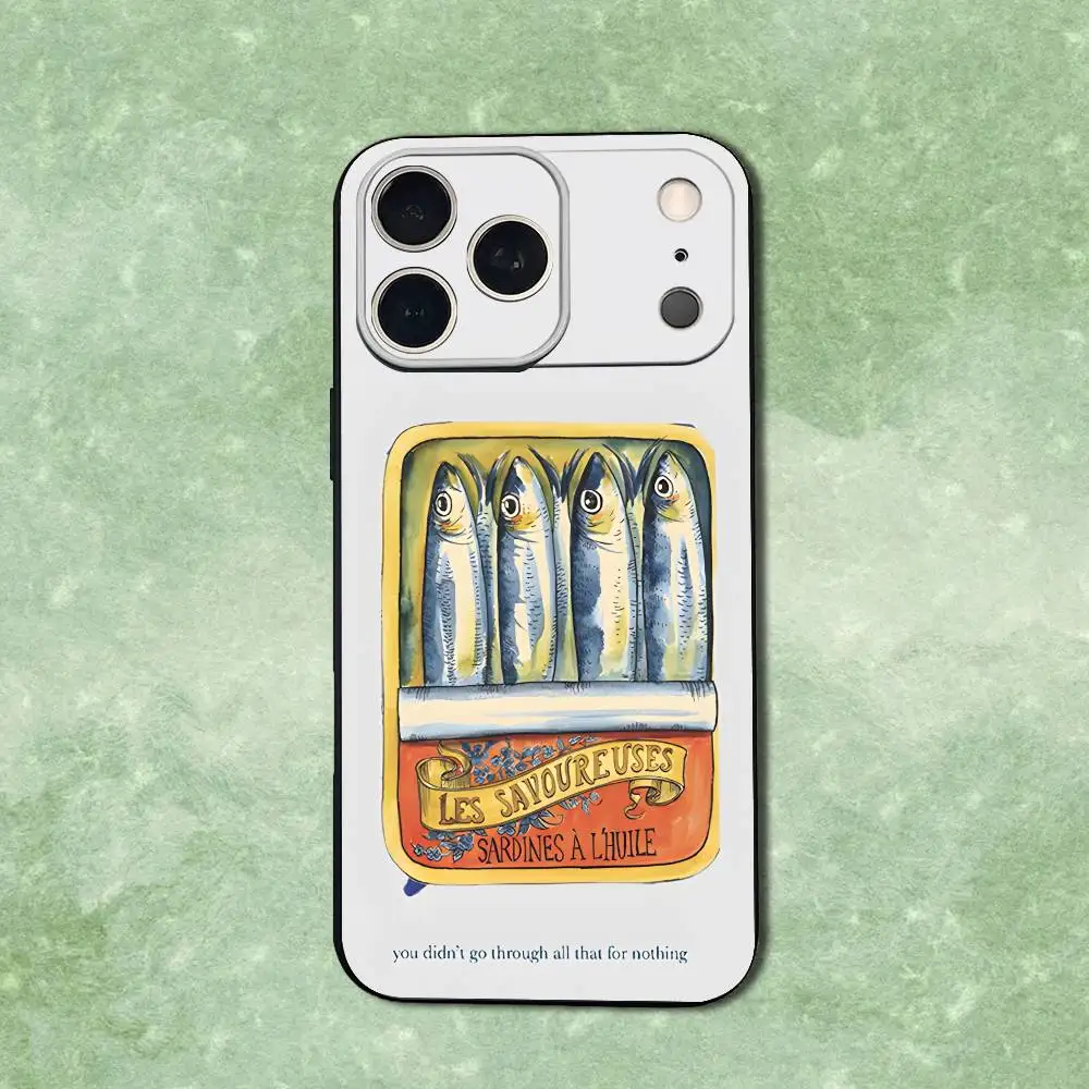 حافظة هاتف معلبة من Food Sardines لهاتف iPhone 14,13,17,12,11,16,15, Plus, Pro Max, XS, X, XR, SE, Mini, غطاء أسود من السيليكون الناعم