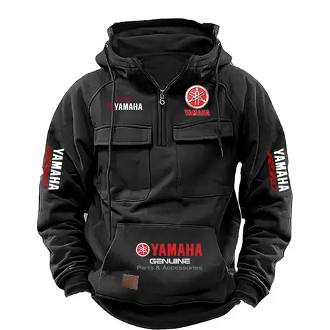 2026 New YAMAHA Logo Motorcycle Racing Race Retro Velvet Half Zipper Hoodie Men's Multi Pocket Autumn/Winter Casual Sweatshirt