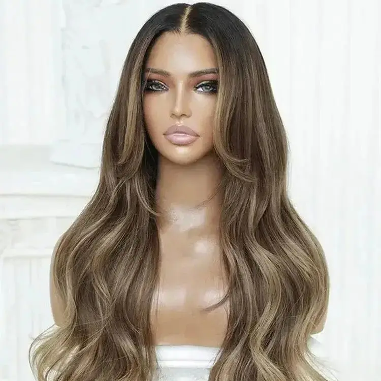 

Trendy Style Wig Ombre Brown Blonde Balayage Wig High Quality Synthetic HD Lace Front Wig Long Body Wave Wig High Quality Wig