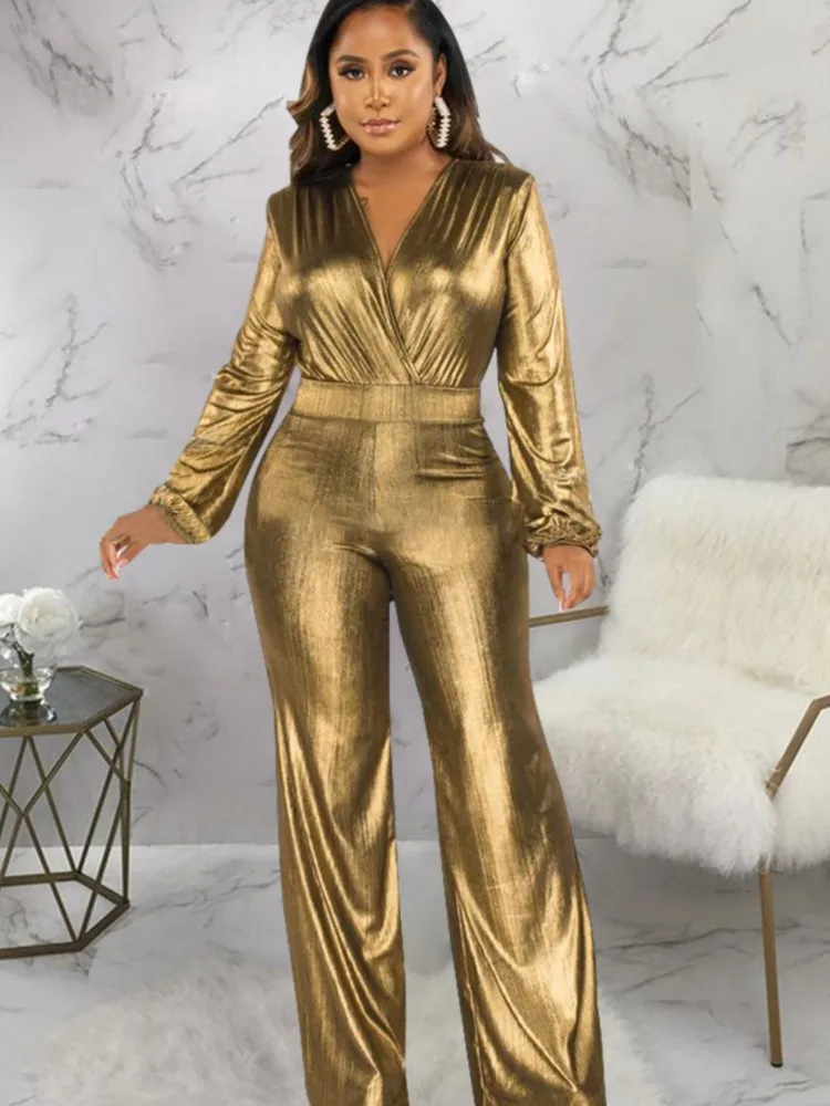 

Women's Clothing Sexy Jumpsuit V-link Solid Color Jumpsuits For Woman Long Sleeves Slim Casual Simple Style All-match Commuting