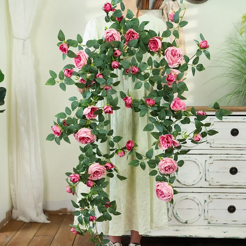 Artificial Sweetheart Roses Silk Fake Flowers Vines Festival Party Decoration Simulation Orange Rose Vine Green Plant Flower