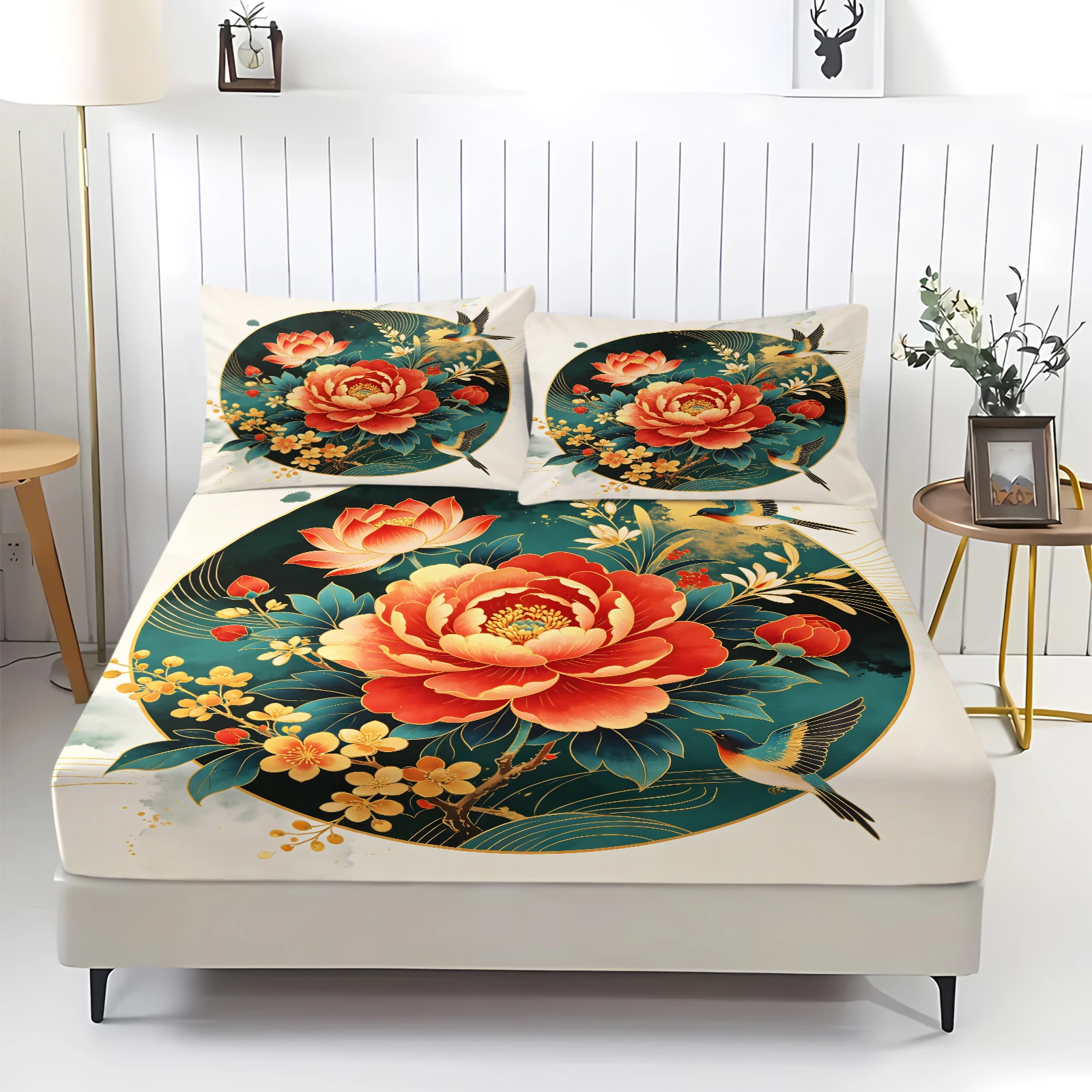 Oriental Peony Lotus Bird Fitted Sheet Set Traditional Golden Circle Floral Print Elastic Deep Pocket Mattress Cover Bedding Set