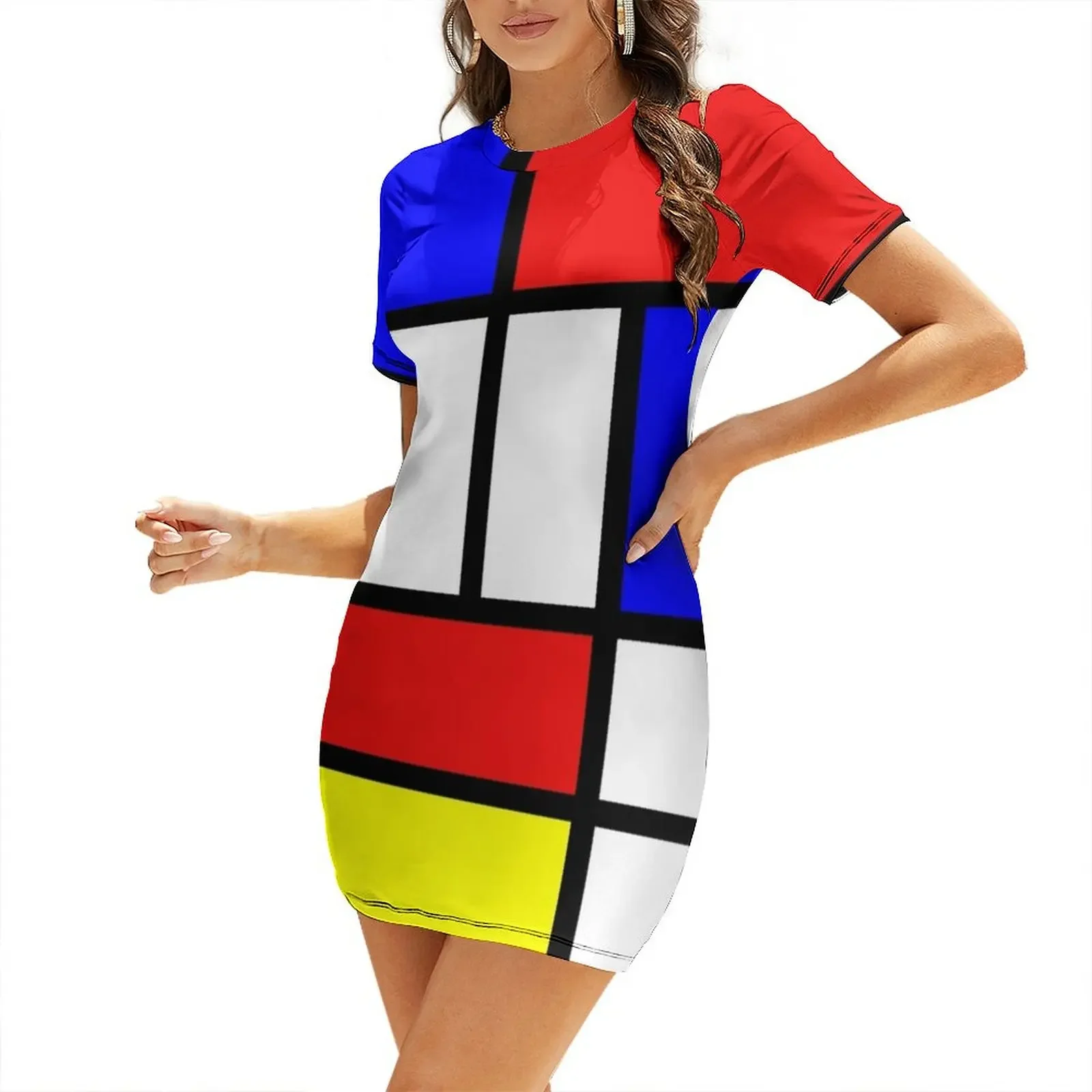 

Mondrian Red Yellow Blue Abstract Short-Sleeved Dress Women dresses summer Woman dresses dresses ladies 2025 summer Dress