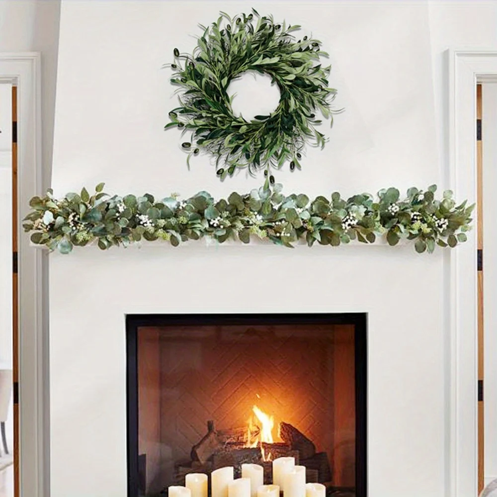 

17 Inches Artificial Green Olive Wreath Greenery Wreath with Olive Leaves, Olive Bean for Front Door Indoor Outdoor