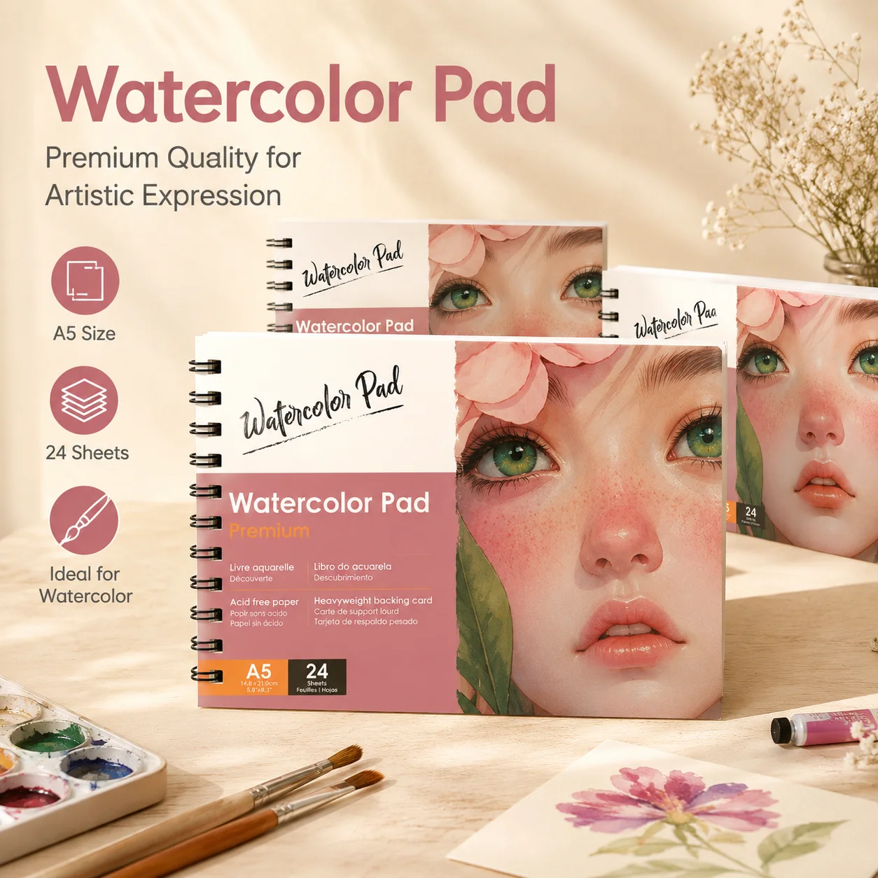 A5 Watercolor Pad 24 Sheets, Acid-Free Paper with Heavyweight Backing Card, Spiral Bound Watercolor Sketchbook for Painting & Sketching, Back to School Art Supplies for Students & Artists view 2