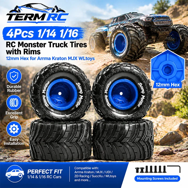 4Pcs 1/14 1/16 RC Monster Truck Tires with Rims 12mm Hex for Arrma Kraton MJX WLtoys