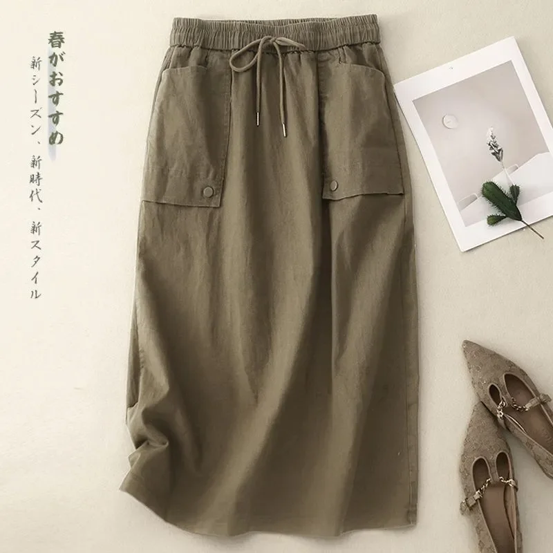 Women's Casual Cotton Linen Midi Skirt Elastic Drawstring Waist Pocketed Button Detail A-Line Skirt