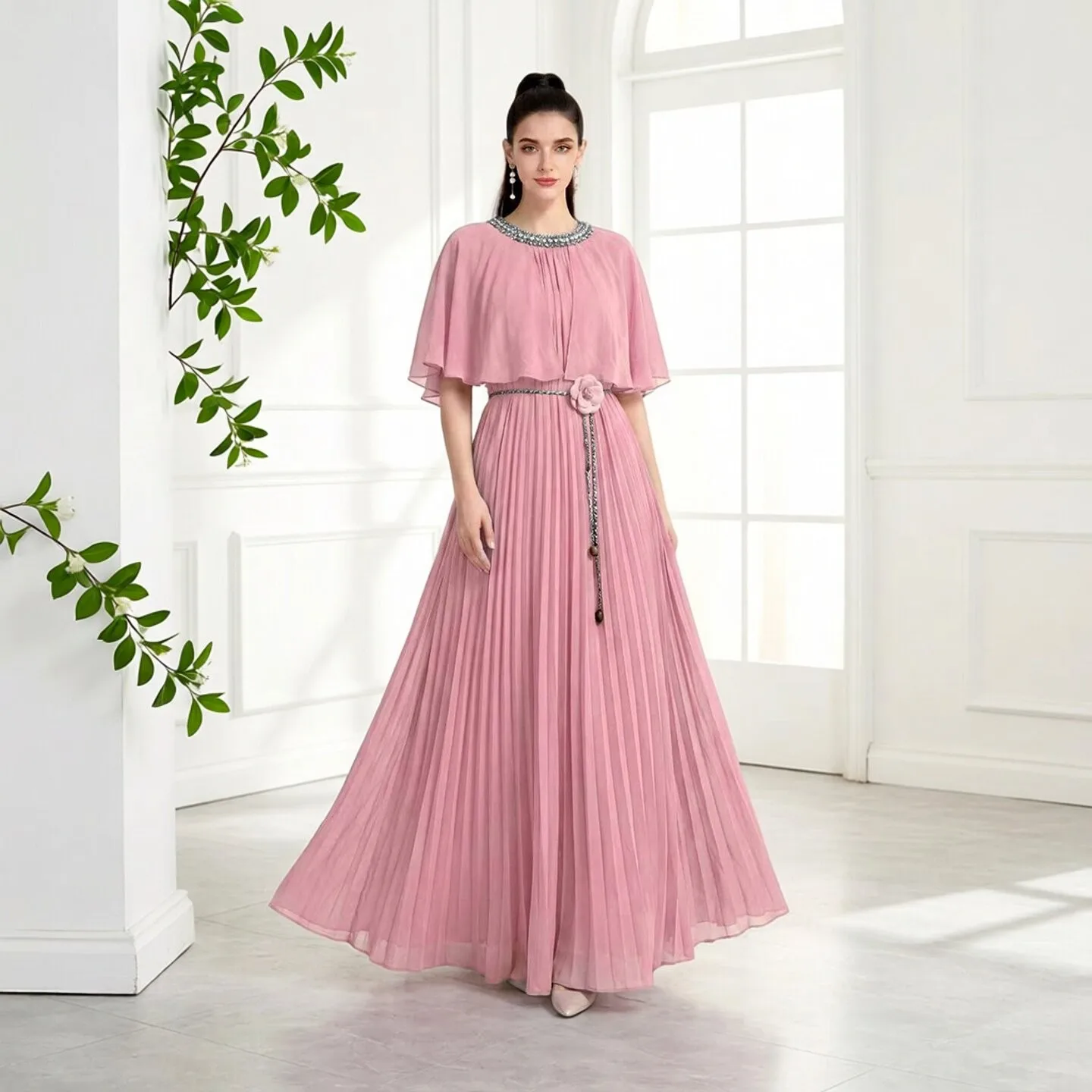 

Elegant Beaded Lantern Sleeve Long Evening Gown Women's Wrap Waist Pleated Skirt Polyester Fiber Micro Elastic Spring Autumn