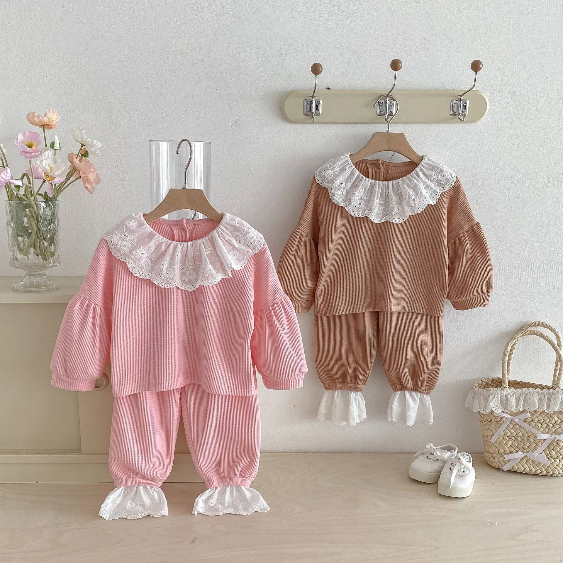 

2025 Autumn New Girls Clothes Set Children Lace Collar Shirts + Pants 2pcs Suit Baby Girl Homewear Kids Cotton Pajamas Outfits