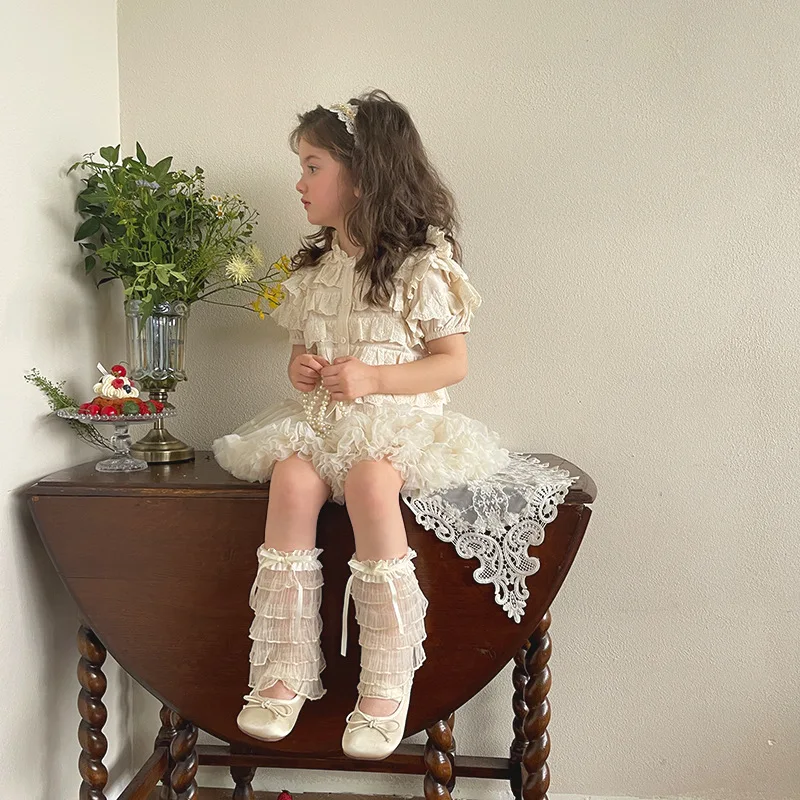 Summer Thin Chiffon Leg Covers Designer Multi Layer Lace Bow Socks Lolita Style Cream Apricot Colored Socks for Children Girls