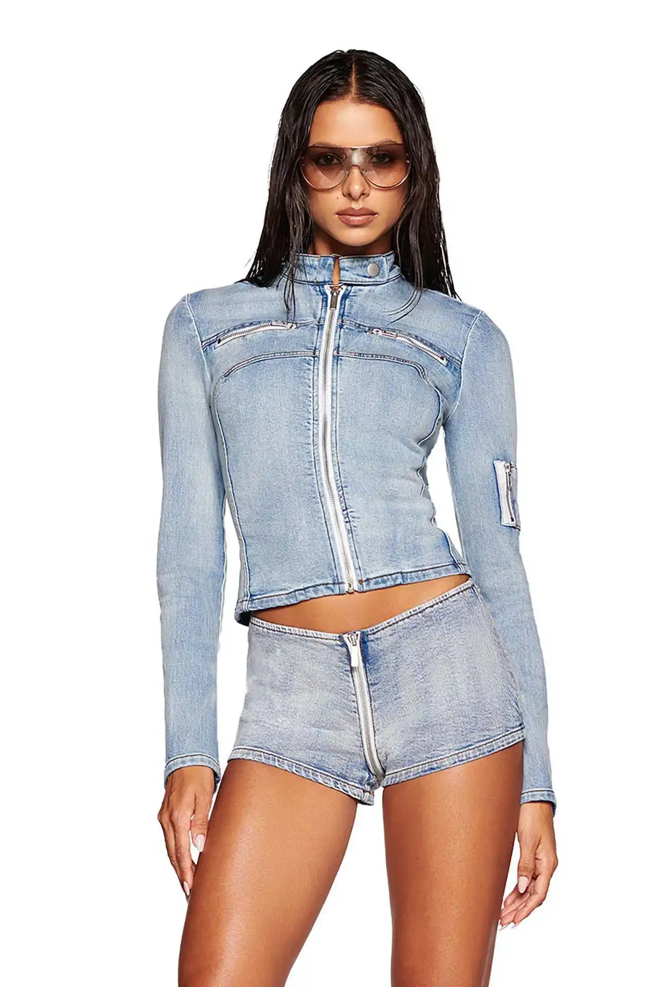 

Vintage washed Slim zip jean jacket half high neck long sleeve jacket zip jean shorts suit female